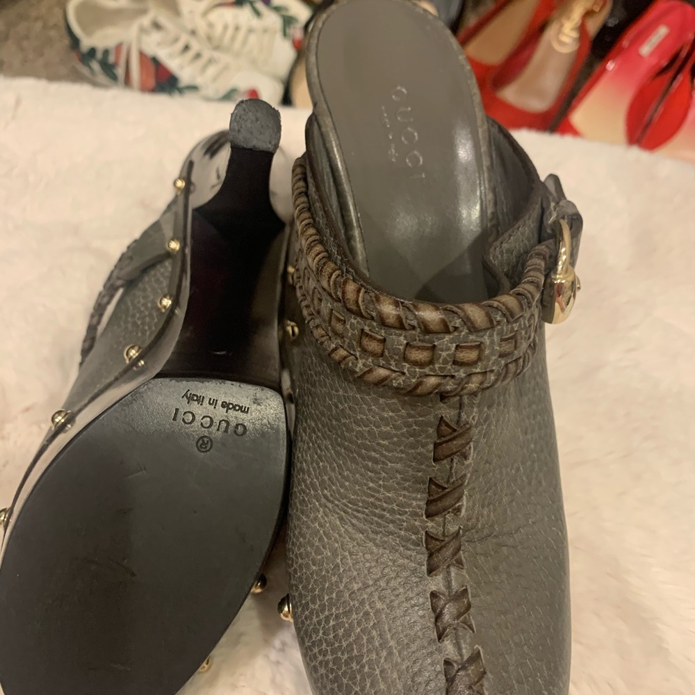 Gucci Grey Leather Studded Platform High Heel Clog